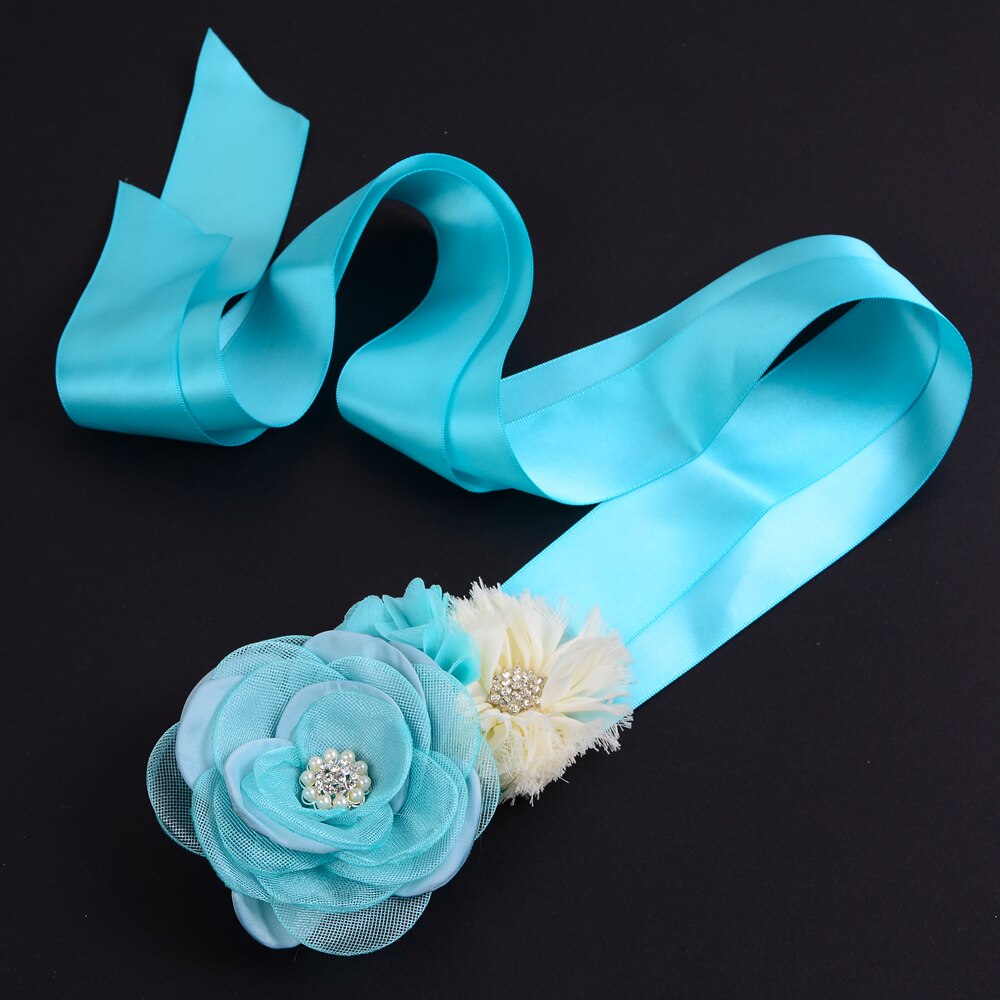 Turkisblå pige kvinde bælte satin silke chiffon blomst bælte med perle rhinestone bryllup blomster pige bælte
