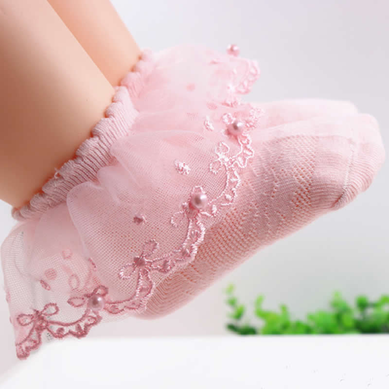 Bebé niña encaje Calcetines de encaje de princesa de algodón bebé calcetín Delgado niño corto de perlas de primavera y verano recién nacido bebé rosa blanco