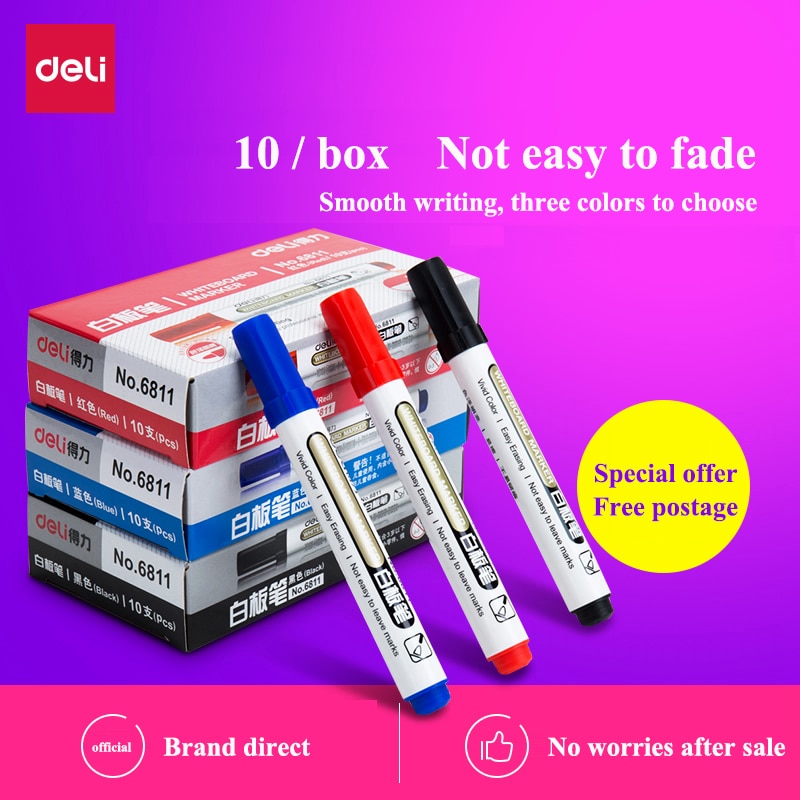 10PCS/BOX Deli 6811 Whiteboard marker Whiteboard pen smooth writing easy erase Black Blue Red 3 colors