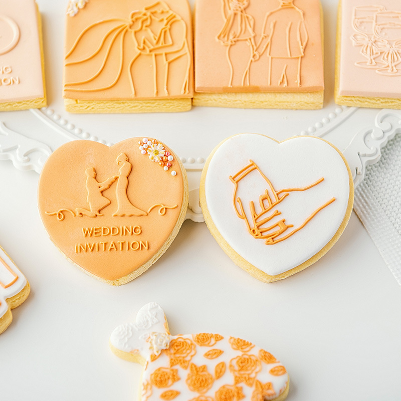 Verktøy for bryllupskakedekorering, kakepresse, stempel, pregemaskin, kjeksutstikker, fondant, sukkerhåndverk, kakeutstikkere, form, kakeform