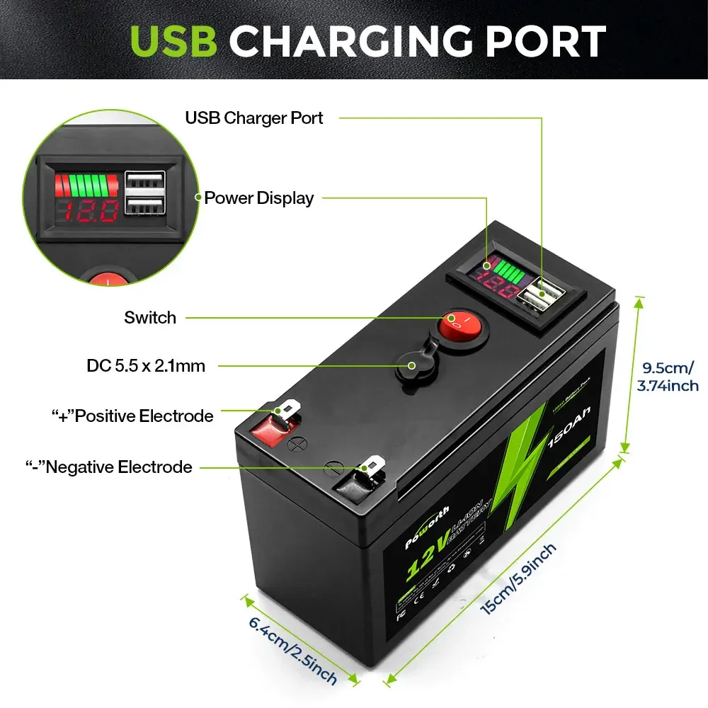 12V 150Ah Lithium 2000+Zyklen wiederaufladbarer Akku für Solar--/Windkraft, kleine USV, Beleuchtung, Elektroräder, Fischfinder, integriertes BMS