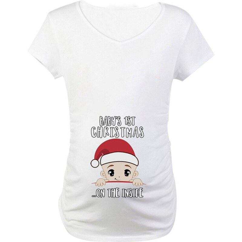 T-shirt de maternité drôle pour les femmes enceintes joyeux noël vêtements de grossesse hauts amples bébé 1st noël imprimer t-shirt: WHITE / S