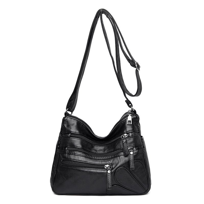 cuir souple sac à main double fermeture éclair sac à bandoulière simple sac de messager tendance multi-poche sac femmes sac marron: black