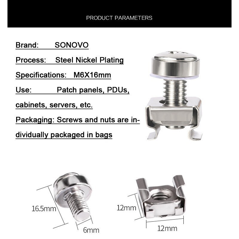 20 50 100pcs Crown Nickel Plated Steel Cabinet Screw Female Seat Nut M6*16mm 20mm Computer Patch Panel Network Server PDU