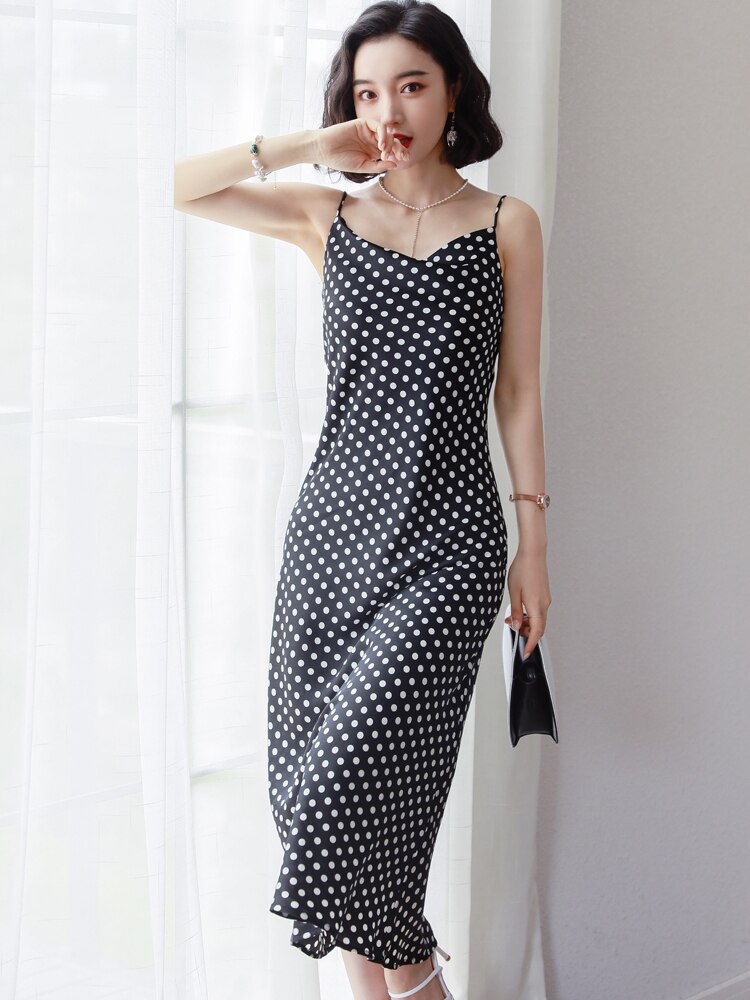 Wave Point Print Dress Women Black Spaghetti Strap Long Slim Women Full Slips Underdress