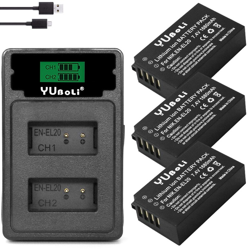 Batería EN-EL20 EN EL20a + cargador USB LED para Nikon Coolpix P1000 Nikon1 J1, J2, J3 Nikon1 AW1 ENEL20: charger and 3battery