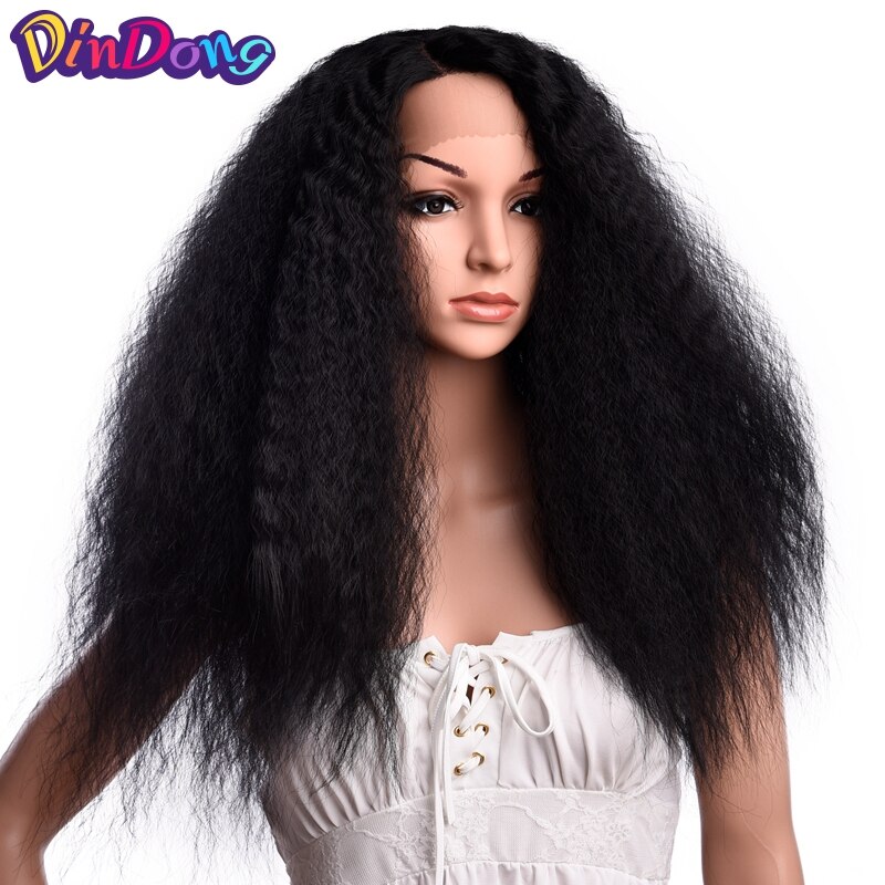 DinDong Synthetische Kinky Krullende Pruik Hoge Temperatuur Fiber Haarkant 24 Inch Natuurlijke Zwarte Volledige Pruiken Voor Vrouwen