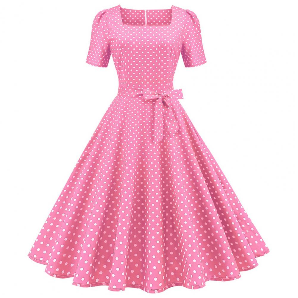 Kjole med 1980s polkaprikker, sjarmerende vintage-dott, klassisk film-retro, firkantet krage, silhuettfremhevende damekjole: M / Rosa