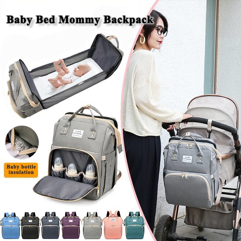 Bolsa de pañales para cama, de cuna, bolso de momia desmontable, impermeable, mochila de pañal de tela, almohadilla cambiante y ganchos