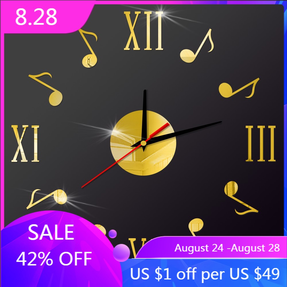 Musical Note DIY Wall Clock Acrylic Unique Quartz Silent Clock Modern DIY Self-adhesive Mirror Home Decoration
