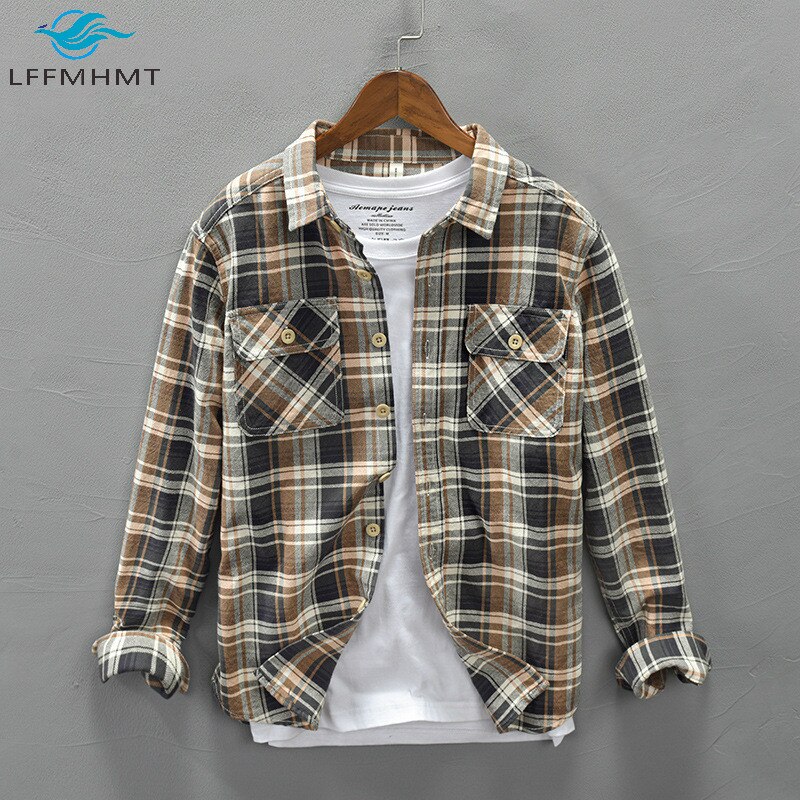 Camisas simples de manga larga estilo japonés a cuadros clásicas con solapa para hombres Harajuku verano otoño bolsillos Tops de algodón ropa de calle con ajuste Delgado