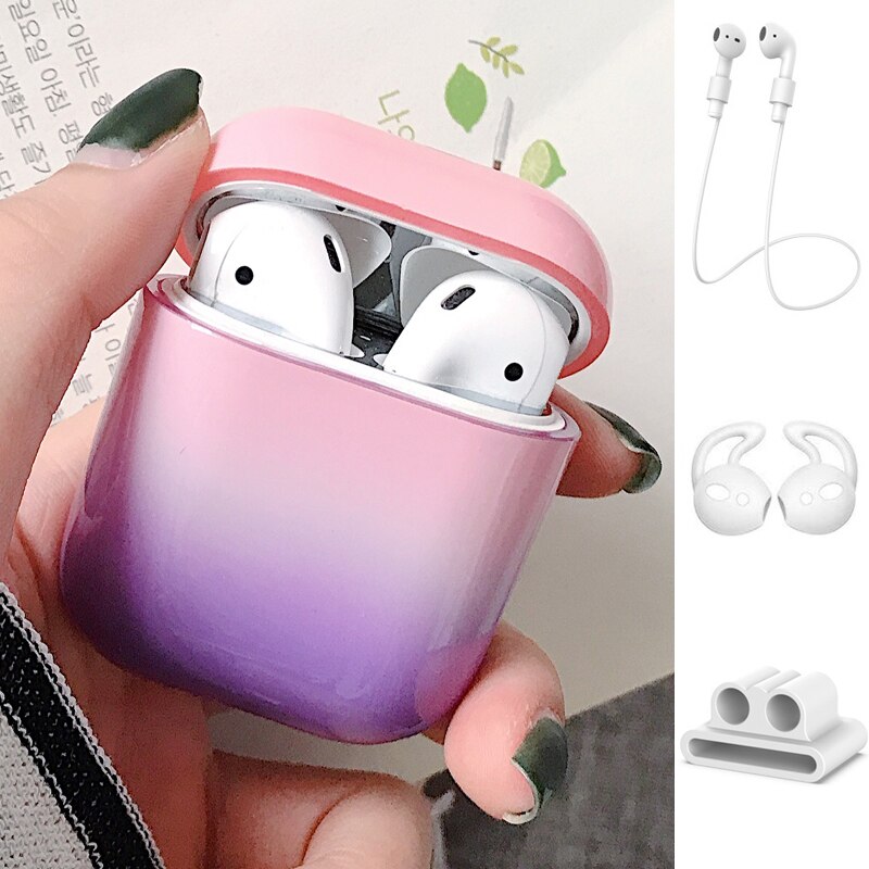 1/5PSC chiaro caso per caso sveglio di airpods Liscia gradiente della copertura per airpods 2 di tappo per orecchie Anti-perso rope copertura di caso di sport per airpods 2 caso: Set B Pink-Purple