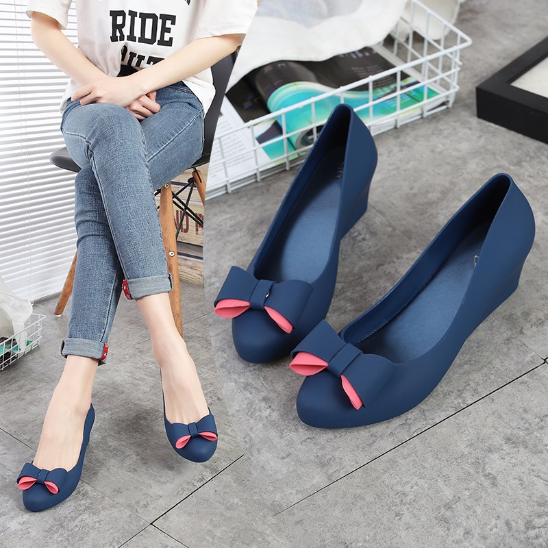 Slhjc kvinder jelly shoes pumps wedges hæl spids tå slip on sommer regnsko med bowknot skridsikkerhed med hælhøjde