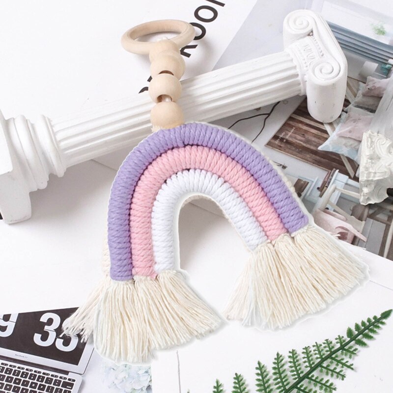 Rainbow Tassel Macrame Baby Wooden Teething Ring Infants Shower Stroller Hanging Pendant Rattle Nursing Teether Toy