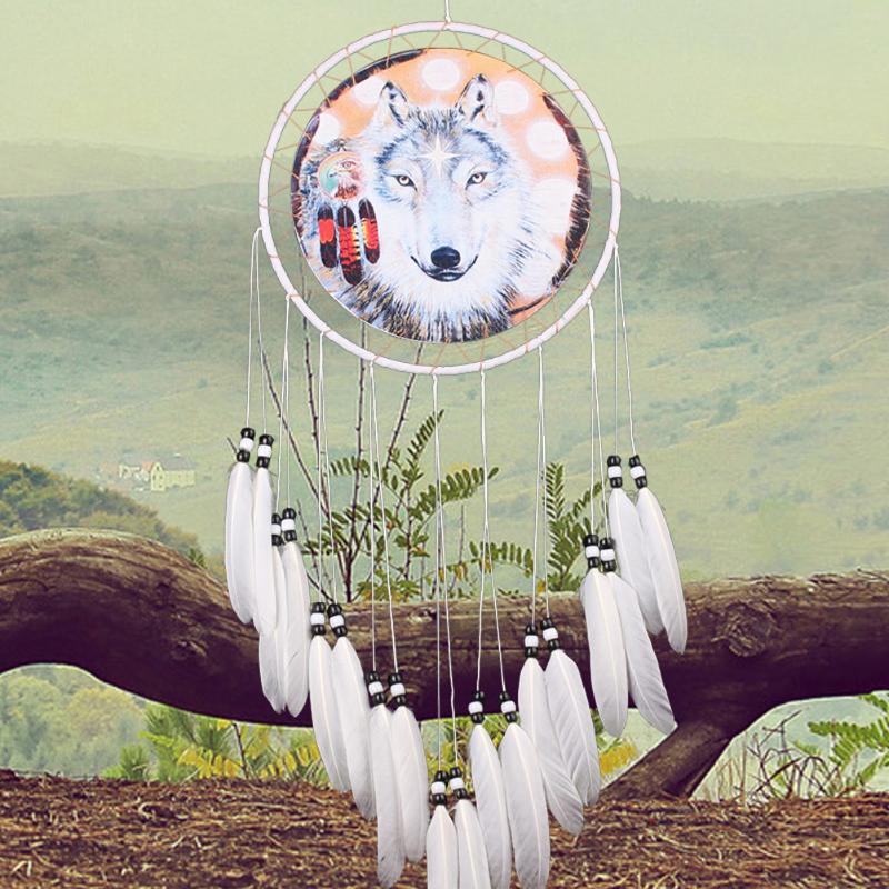 Toile imprimée de loup 1 pièce | Filet attrape-rêves, plume perle, attrape-rêve, ornement suspendu, décoration de voiture maison