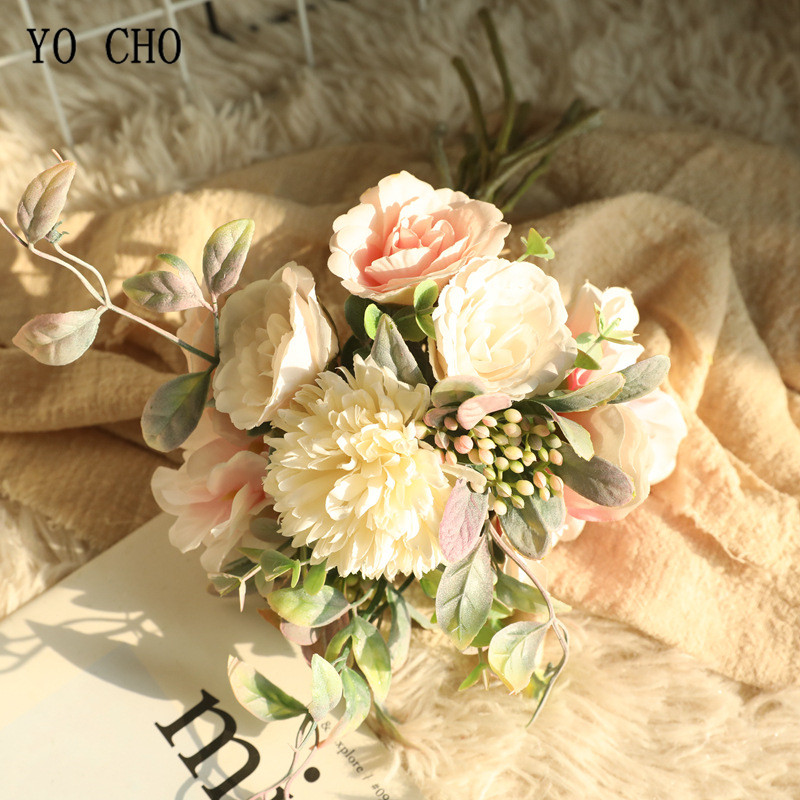 YO CHO-pompón de peonía de seda Artificial, Hortensia, flor, ramo de novia, boda, dama de honor, hermana, Mini ramo, suministros de boda para niña: Rosa
