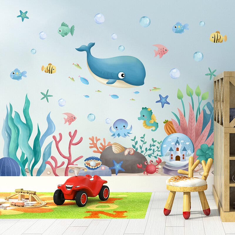 Submarine Coral Clusters Plants Wall Sticker DIY Whale Fish Wall Decals for Kids Room Baby Bedroom Bathroom House Decoration
