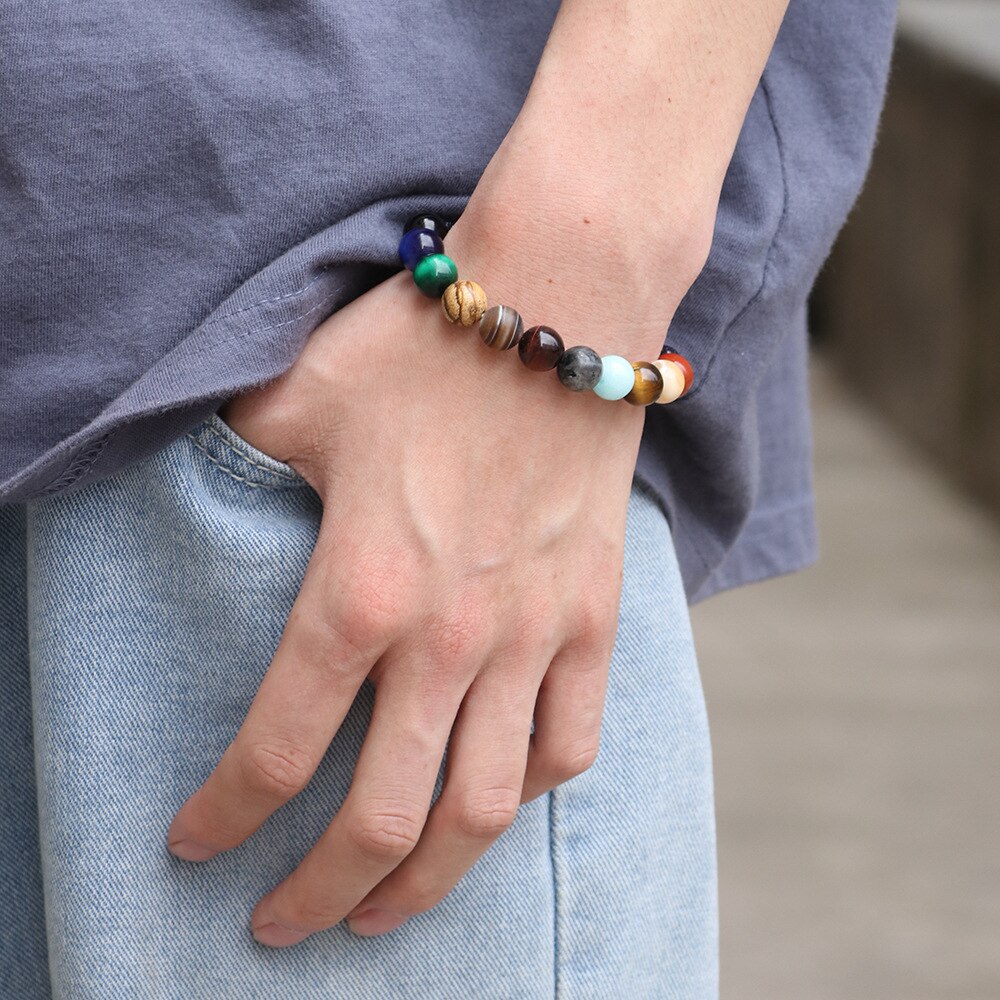 8mm Natural Stone Beaded Bracelets Men Black Ethinc Meditation Galaxy Bracelet Women Mars Venus Jewelry Bracelet Homme