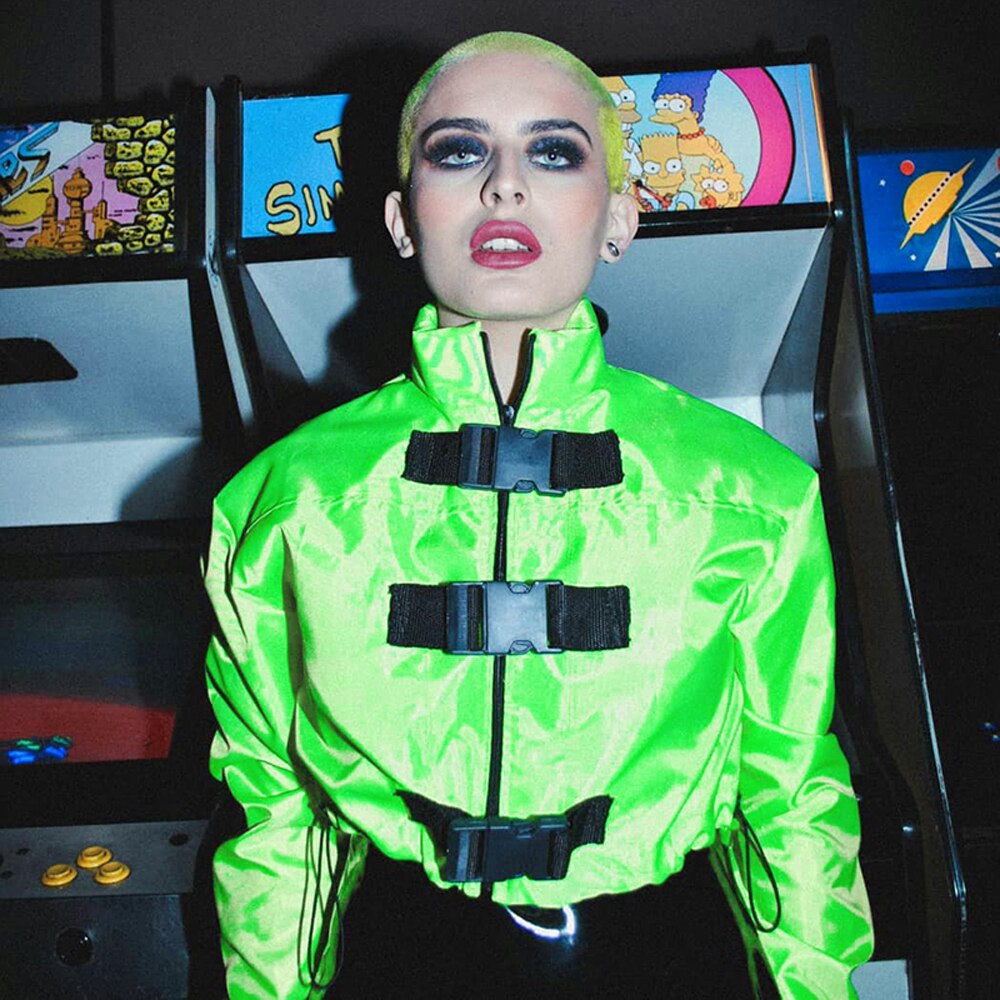 Neon Groene Vrouwen Korte Jas Rits Gesp Casual Windjack Lange Mouwen Elastische Trekkoord Jas Streetwear