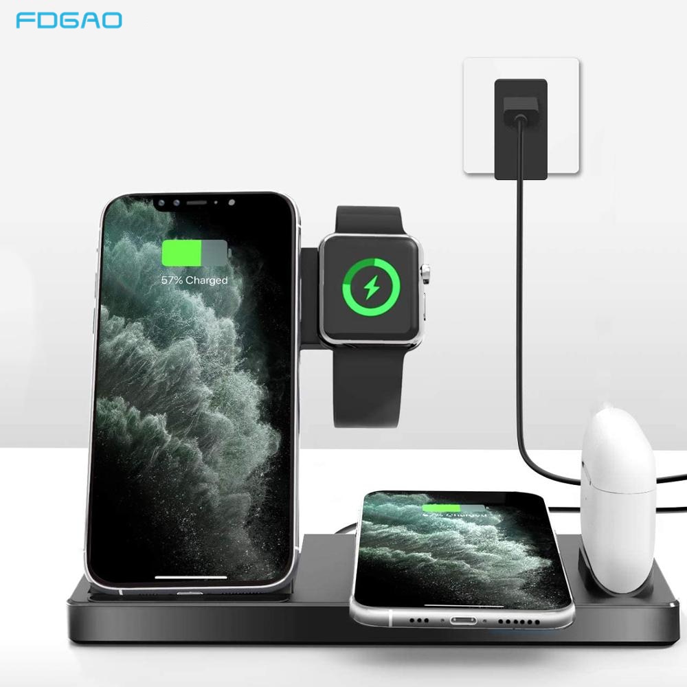 FDGAO 15W 4 in 1 Qi Wireless Charger Stand Fast Charging Dock Pad For iPhone 11 XS XR X 8 Plus Apple Watch 6 5 4 3 2 AirPods Pro