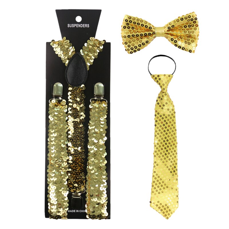 Glitteroutfit voor heren, glitteraccessoires voor heren, glitterkostuum voor heren, met bretels met pailletten, vlinderdas, stropdas, handschoenen, paillettenkostuum, zilver, voor carnaval, party