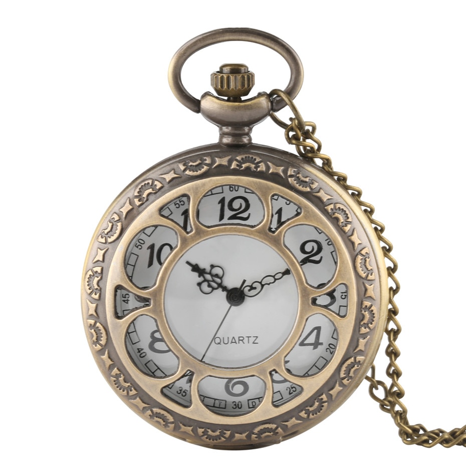 Antique Bronze Hollow Flower Quartz Pocket Watch Arabic Numerals Display Necklace Watches Fob Chain Half Hunter Pocket Clock: Default Title