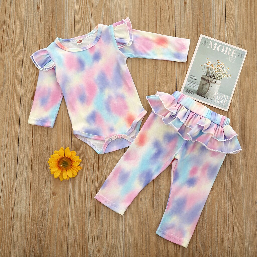 Peuter Baby Meisjes Tie Dye Kleding Geribbelde Gebreide Lange Mouwen Tops Shirt Broek 2 Stuks Fall Winter Outfits Pyjama Set # C