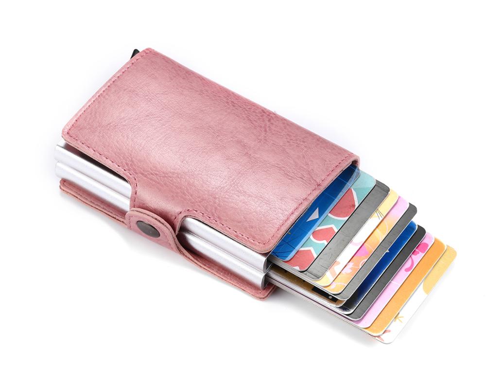 RFID Men's Leather ID Credit Card Holder Male Automatic Aluminum Alloy Hasp Business Double Layer Cardholder Wallet for Man: Pink