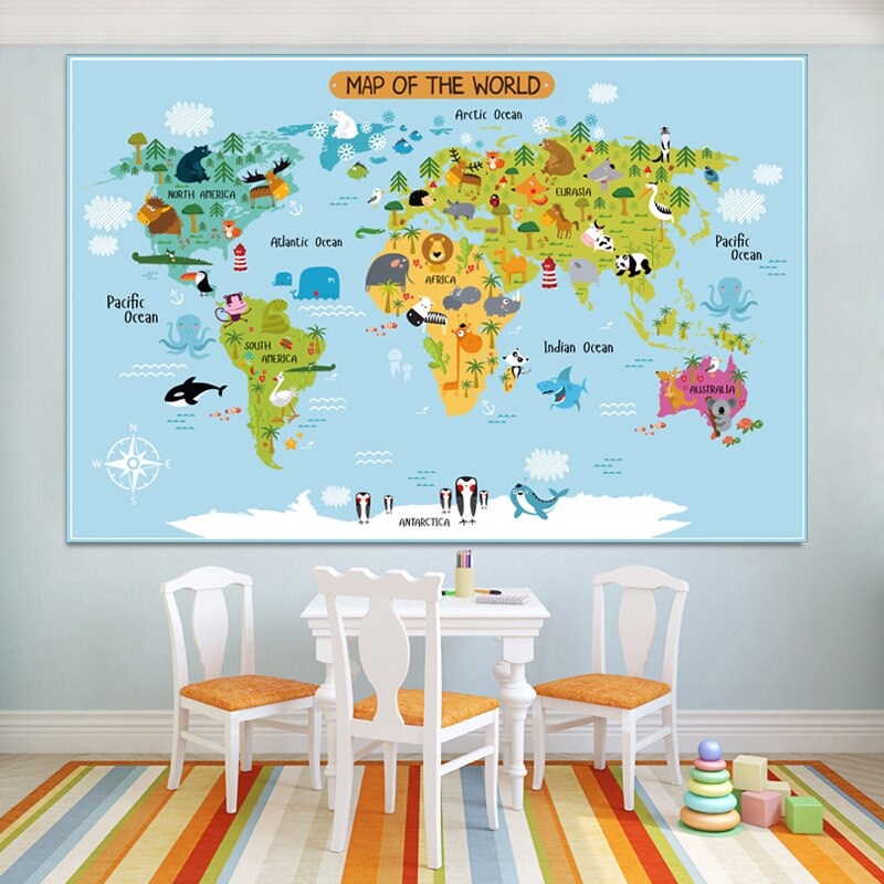 Carton World Map Poster Size Wall Decoration Large Map of The World 80x52 Waterproof canvas map Children's Bedroom Decoration