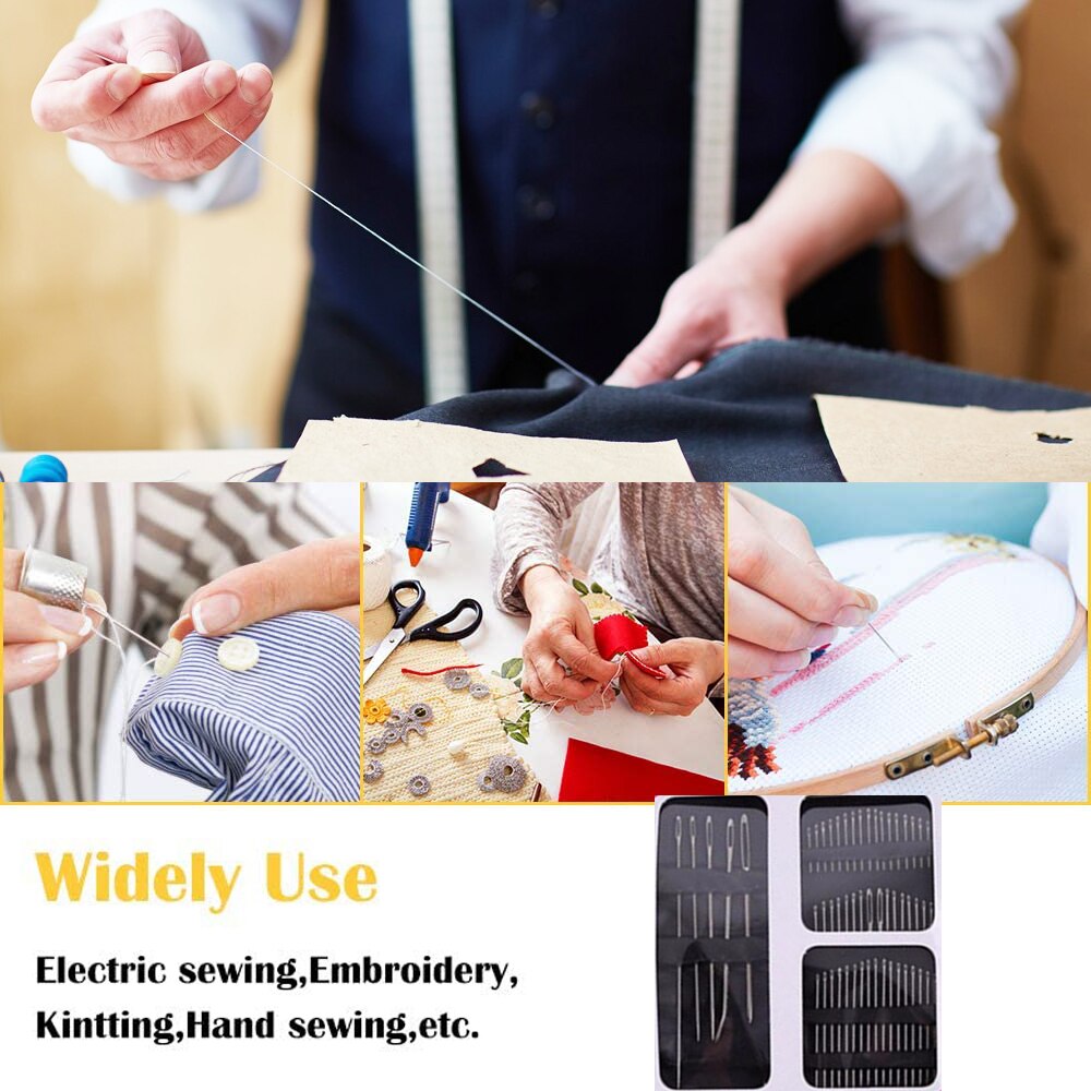 Juego de agujas de coser a mano de ojo grande de acero inoxidable, diferentes tamaños para costura, agujas de bordado, 55 piezas