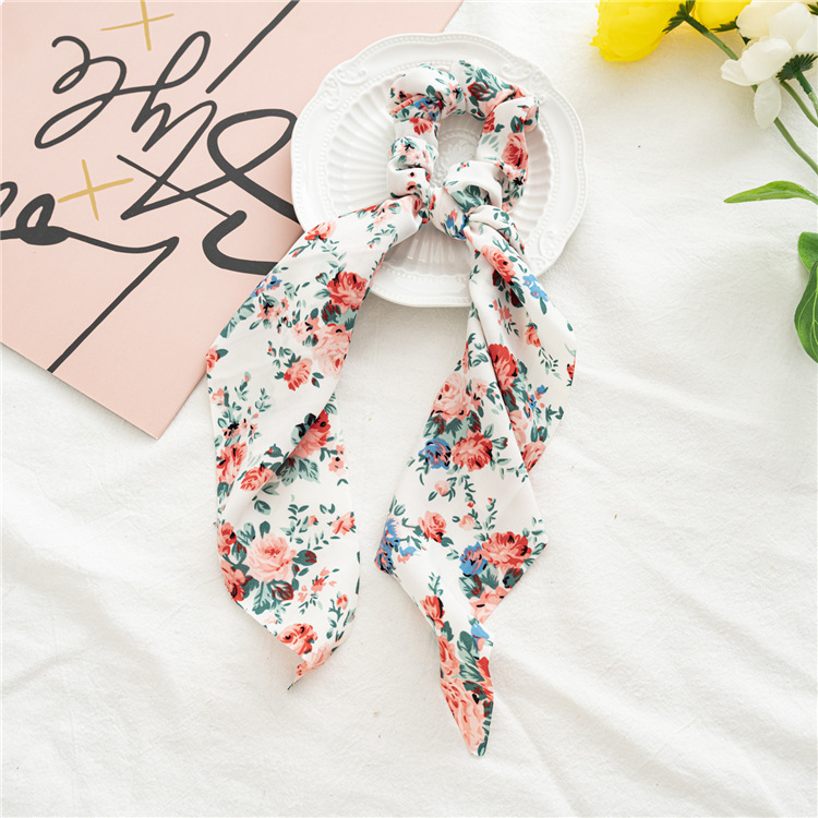 Druck Bogen Satin- Mädchen Elastische Haar Bands Haar Zubehör Lange Band Pferdeschwanz Schal Haar Krawatte Frauen Scrunchies Stirnband