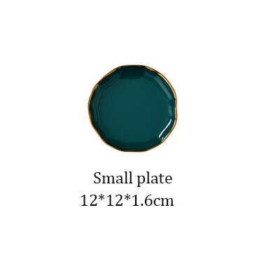 Grön keramik böjd kant guldkant tallrikar matfat nordisk stil retro porslin servis skål middagsskålar servis: Liten tallrik