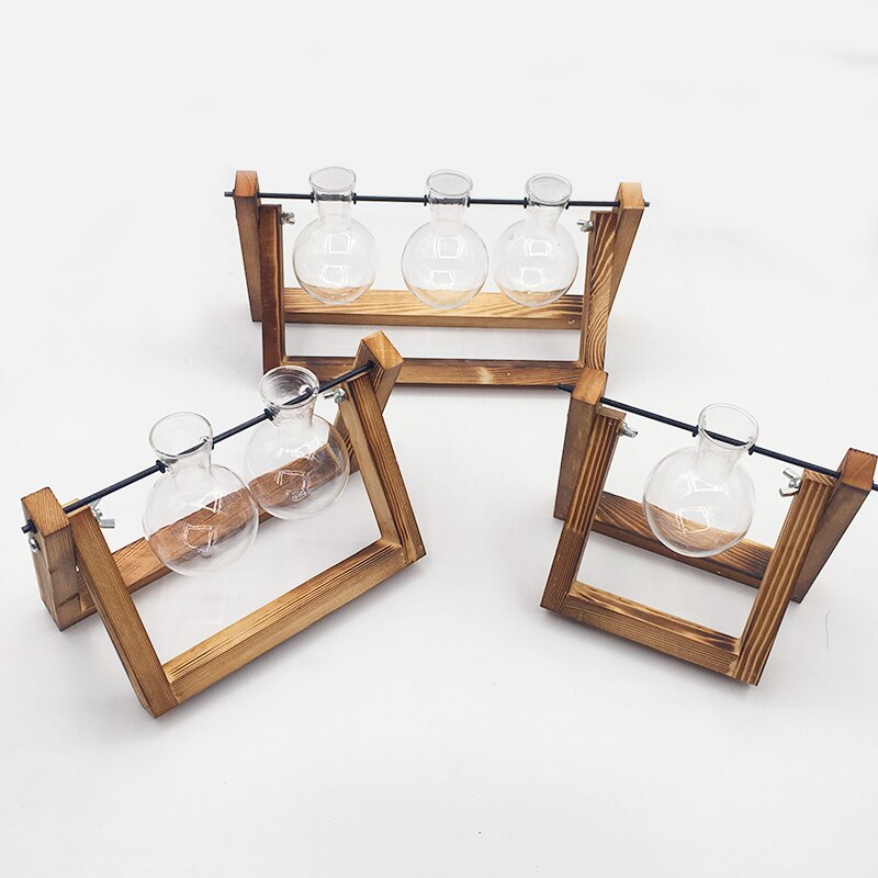 Terrario hidropónico para plantas, florero transparente con marco de madera, decoración de mesa de vidrio, planta de bonsái, decoración de flores