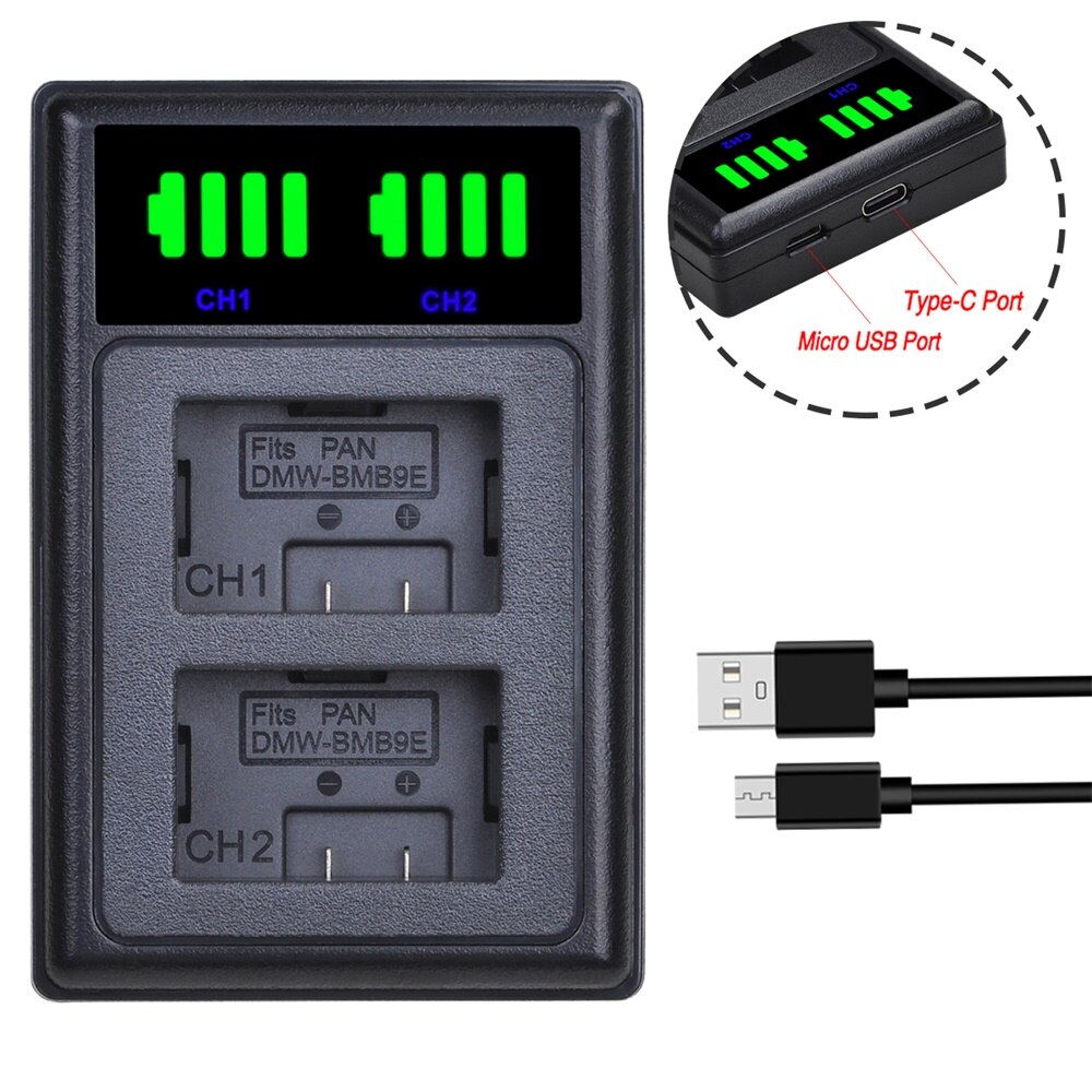 1400mAh DMW-BMB9 BMB9E BMB9PP Battery + LED Dual Charger for Panasonic Lumix DC-FZ80 FZ40K FZ45K FZ47K Z48K FZ60 FZ70 FZ100: 1 charger