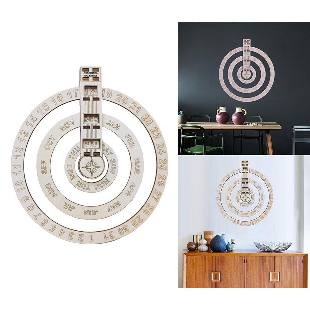 Round Wooden Adjustable Perpetual Wall Calendar Rotatable Circular DIY Calendar Retro Home Decoration
