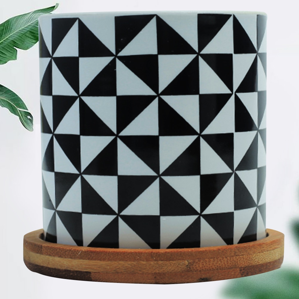 Jarrón de cerámica con forma de flor de escritorio, jarrón con forma geométrica, maceta sencilla para decoración de hogar y oficina con bandeja de Bambú