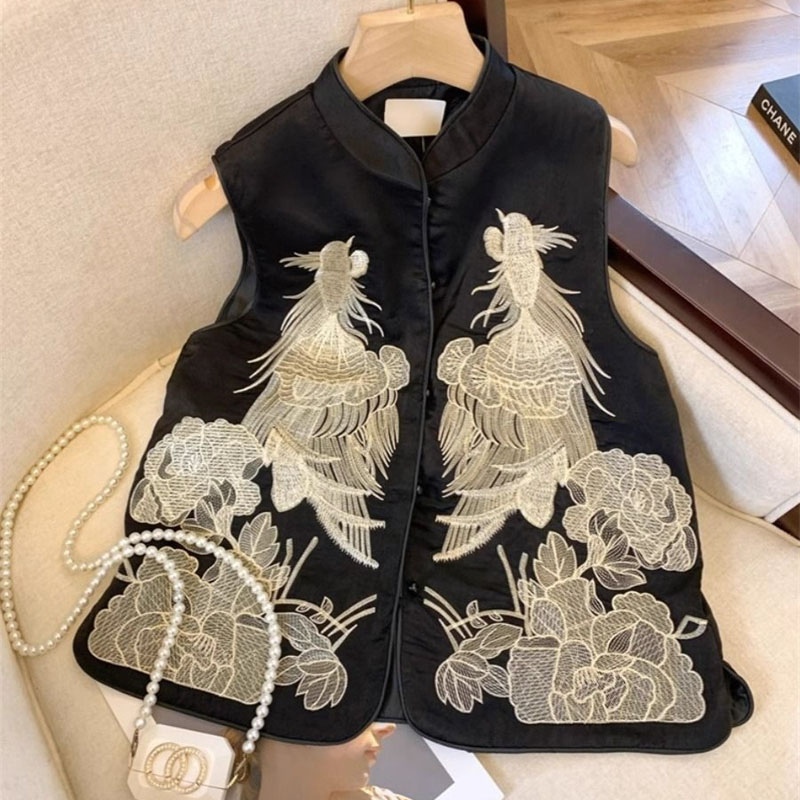 Vest Women's Vest Chinese National Style Tang Suit Embroidered Vest Female Spring and Summer Retro Buckle Black Vest Coat: XXXL