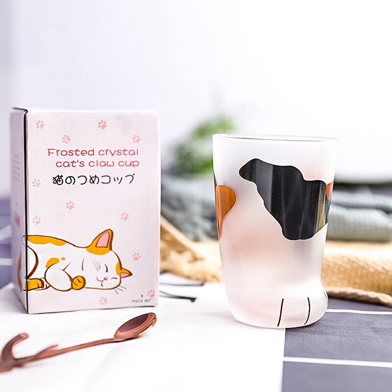 Tasse en verre givré avec patte de chat, joli, imprimé patte de chat, tasse de café en verre de lait pour petit déjeuner à la maison, pour fille
