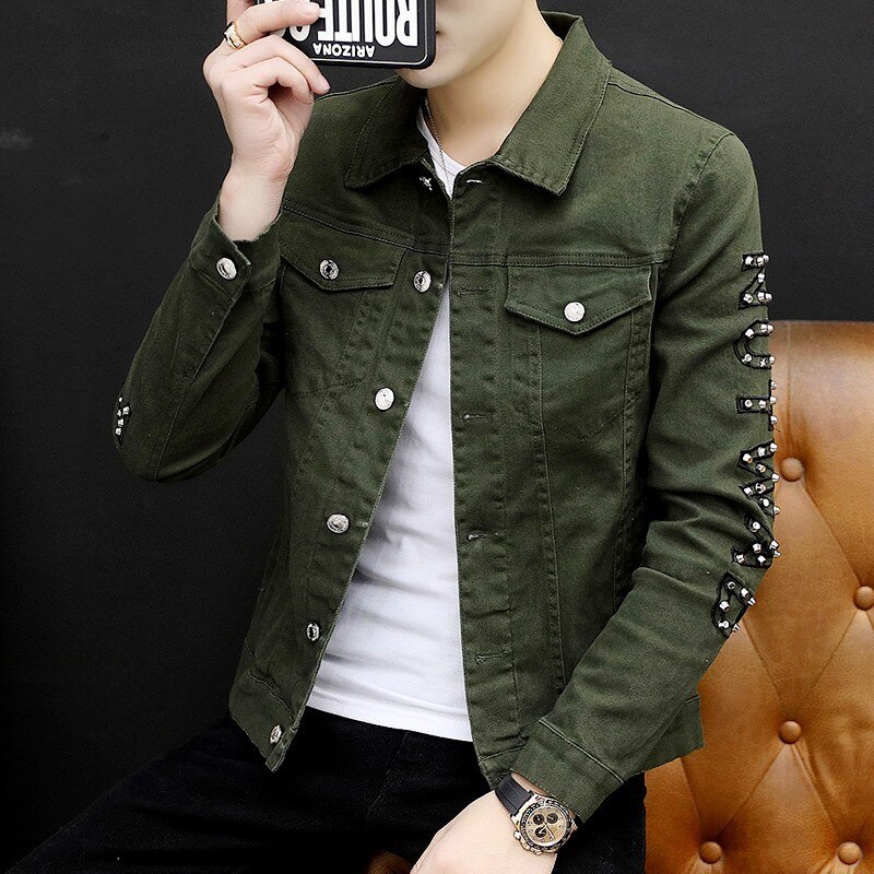 Vintage Letter Rivet Personality Mens Denim Jackets Korean Long Sleeve Single Breasted Punk Slim Casual Chaqueta Hombre: 3 / M
