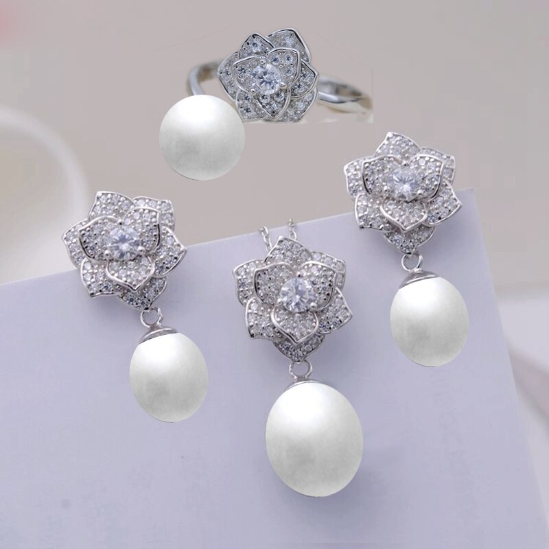 MeiBaPJ Echt 925 Sterling Zilveren Bloem Sieraden Set Natuurlijke Parel Hanger Ring Oorbellen Bruiloft Sieraden voor Vrouwen