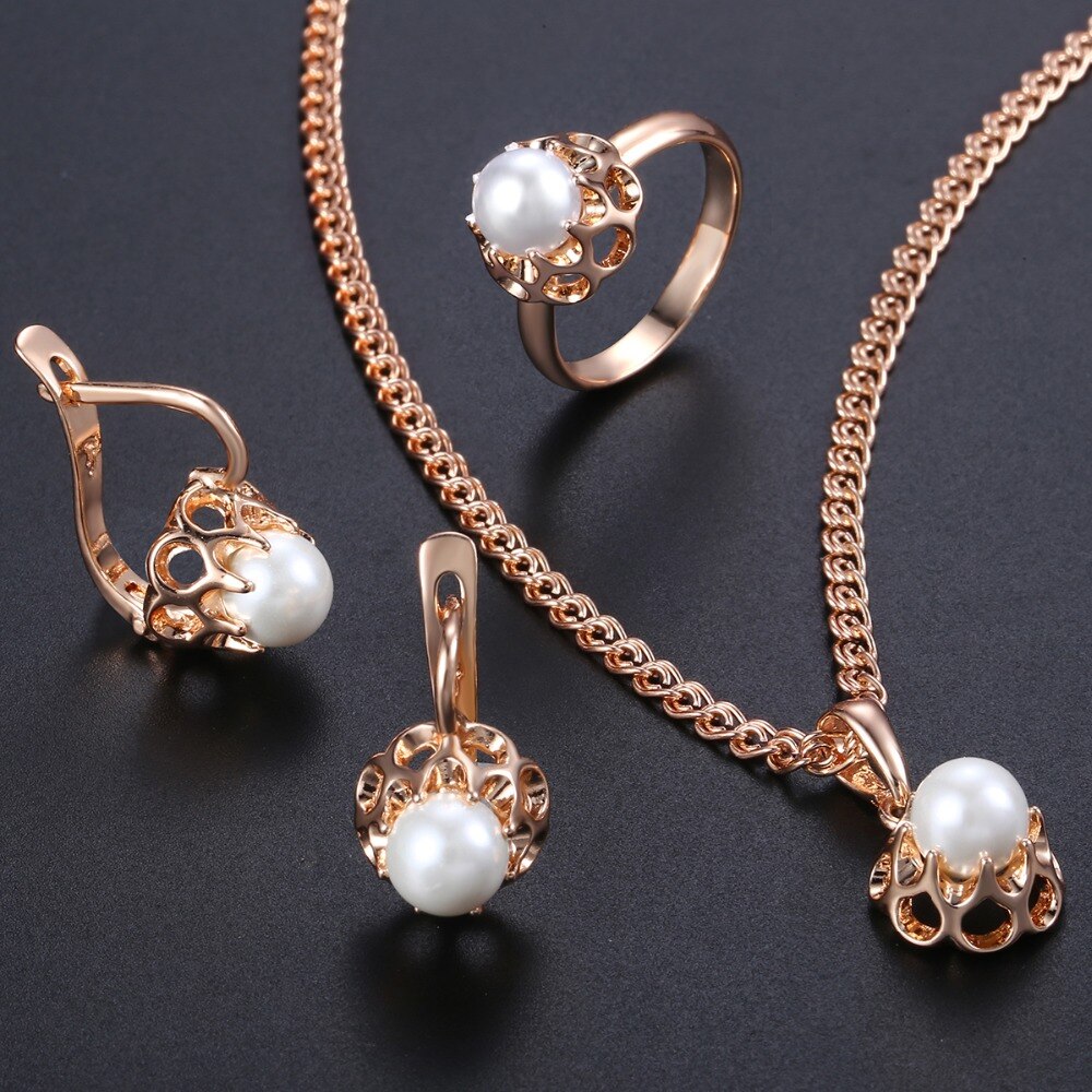 Schmuck Set Für Frauen Mädchen 585 Rose Gold Perle Ohrringe Ring Anhänger Halskette Set Frau Schmuck KGE142