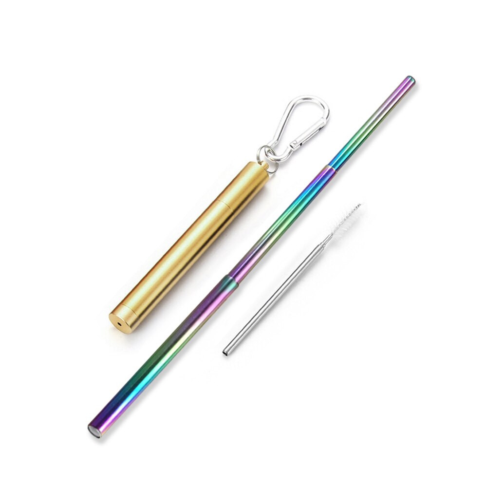 Roestvrij Staal Vouwen Stro Telescopische Rietje Pen Shaped Case Carabiner Herbruikbare Metalen Stro Reizen Picknick Drinkware