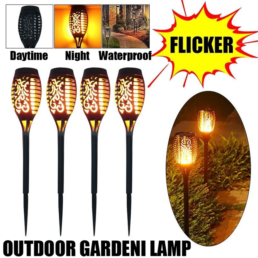 4Pcs 96 LED Solar Flame Lamp Flickering Waterproof Garden Flicker Lights Landscape Decoration Lawn Light Torch Outdoor Spotlight