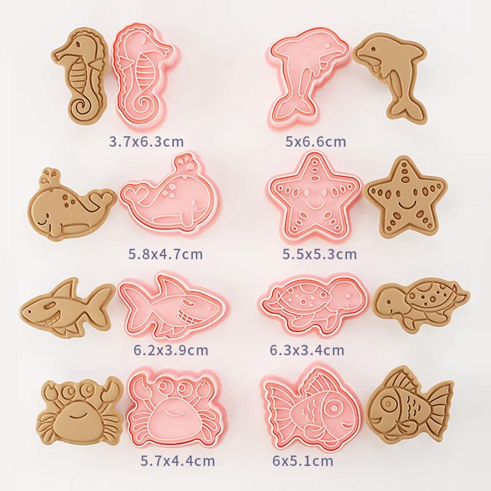 8 Stks/set Mariene Leven Cookie Cutters Plastic 3D Cartoon Pressable Biscuit Mold Cookie Stamp Keuken Bakken Gebak Bakvormen Tool