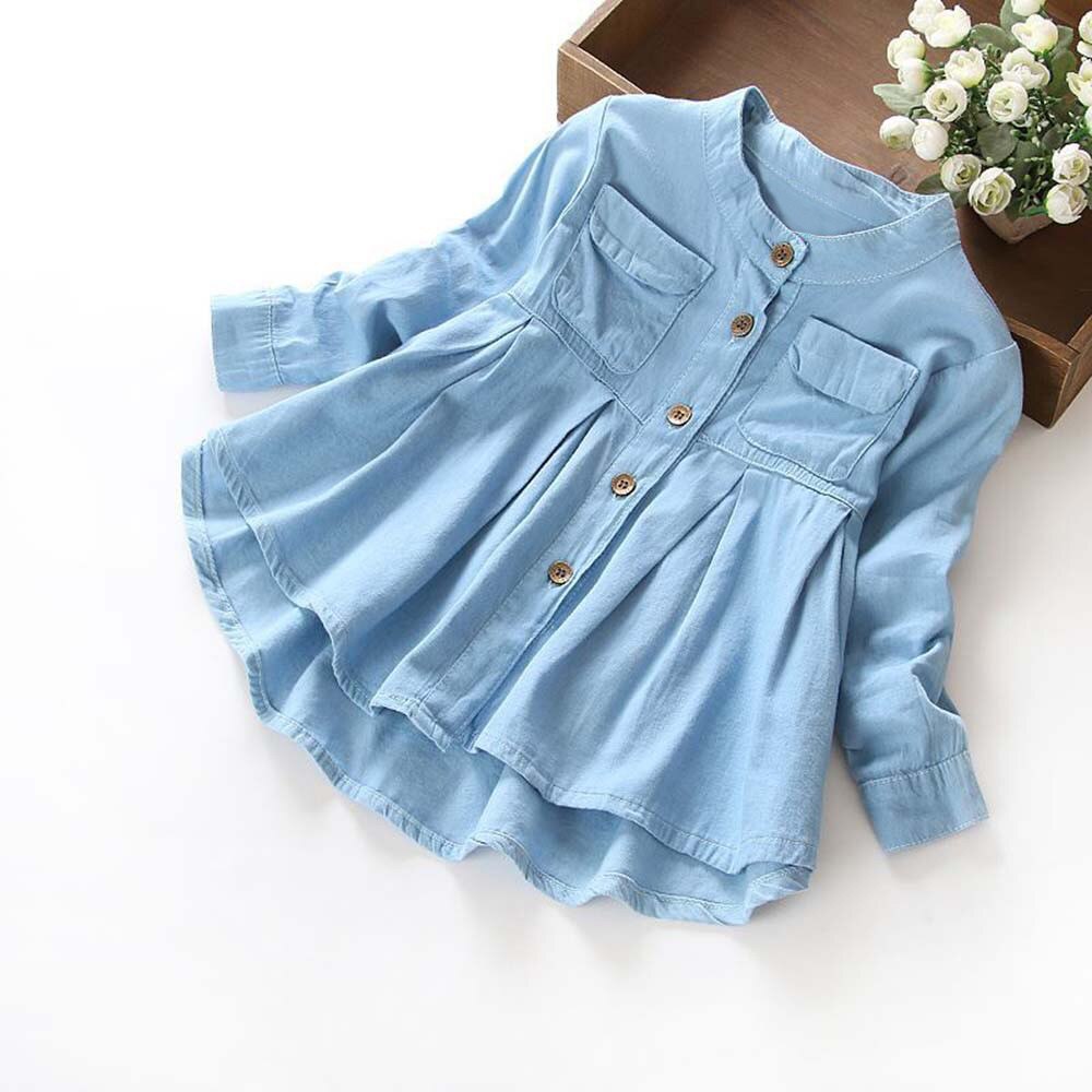 Denim Increspato Bambini Camicetta Camicia Del Bambino Del Capretto Del Bambino Delle Ragazze Del Manicotto Lungo casual Magliette e camicette Del Bambino Delle Ragazze della Camicetta Vestiti Del Bambino roupa infantil