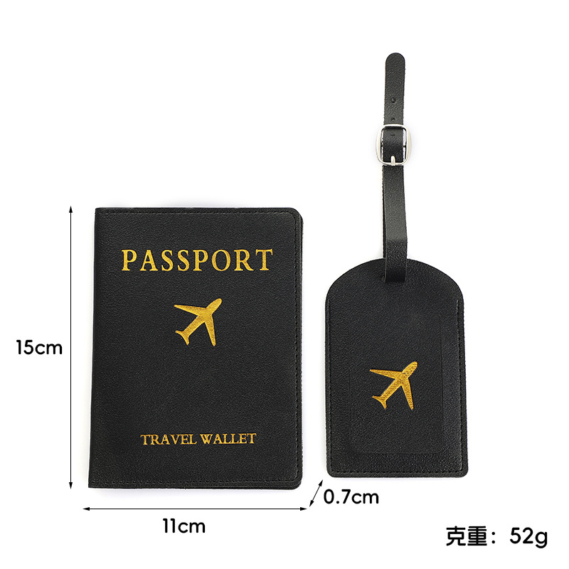 2Pcs/Set PU Travel Passport Cover Luggage Tag Suitcase Identifier Label Baggage Boarding Bag Tag Name ID Address Passport Holder: black