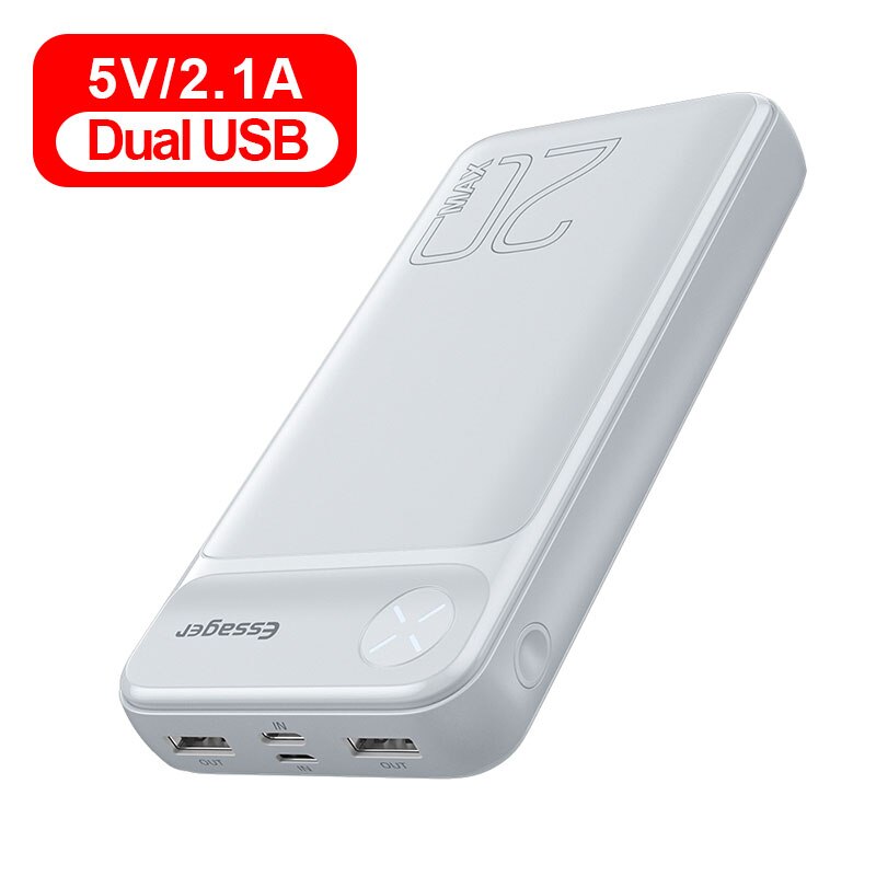 Essager – chargeur de batterie externe portable, 20000 mAh, 20000 mAh, Powerbank PD 20W, charge rapide pour iPhone: 2.1A Dual USB White