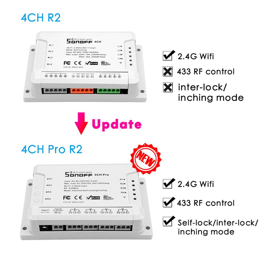 Sonoff 4ch pro  r2 / 4ch r2 smart wifi switch 4 gäng ljus switch , 433 mhz rf wifi relä ewelink arbeta med alexa google home