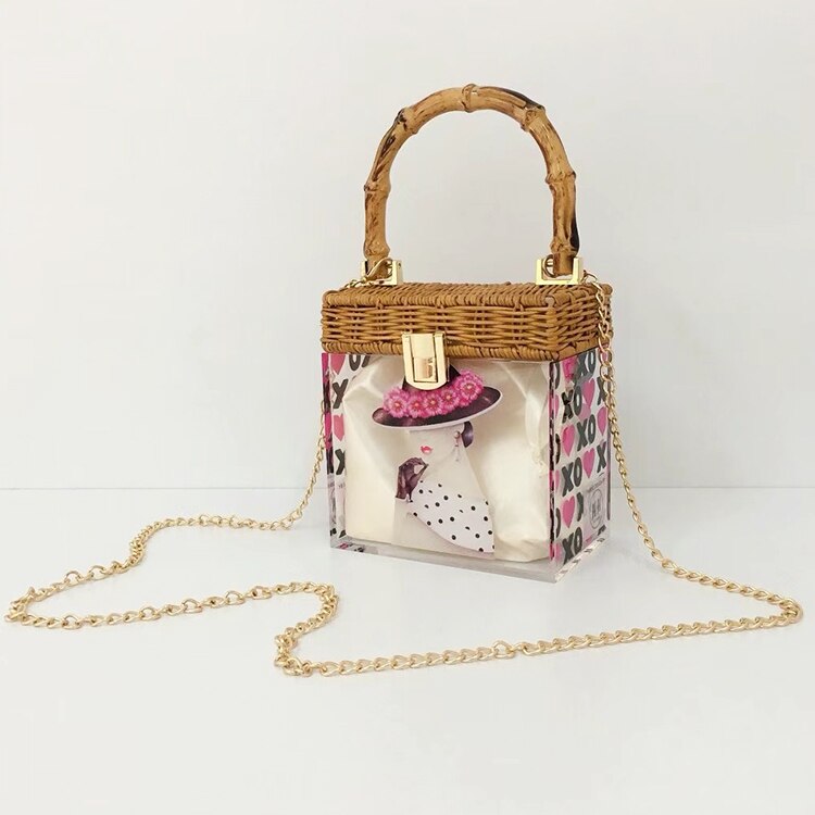 Clear Acrylic Flower Pattern Purses and Handbags for Women Bamboo Handle Party Clutch Evening Bag Chain Shoulder Bag: C