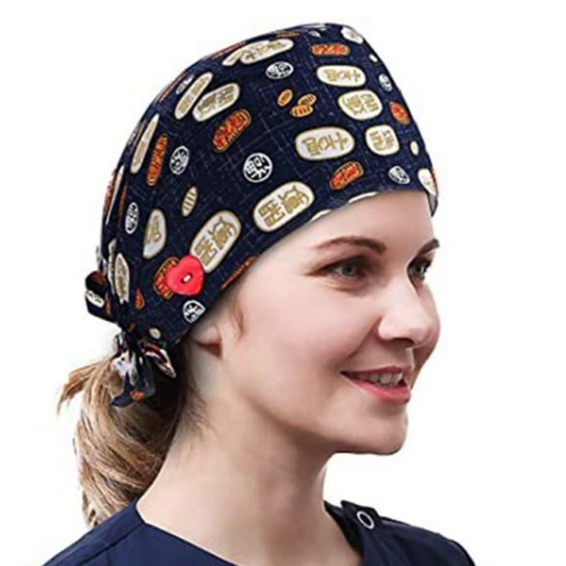 Women Ethnic Paisley Buttons Scrub Cap wtih Hair Ties Work Bouffant Hat F3MD